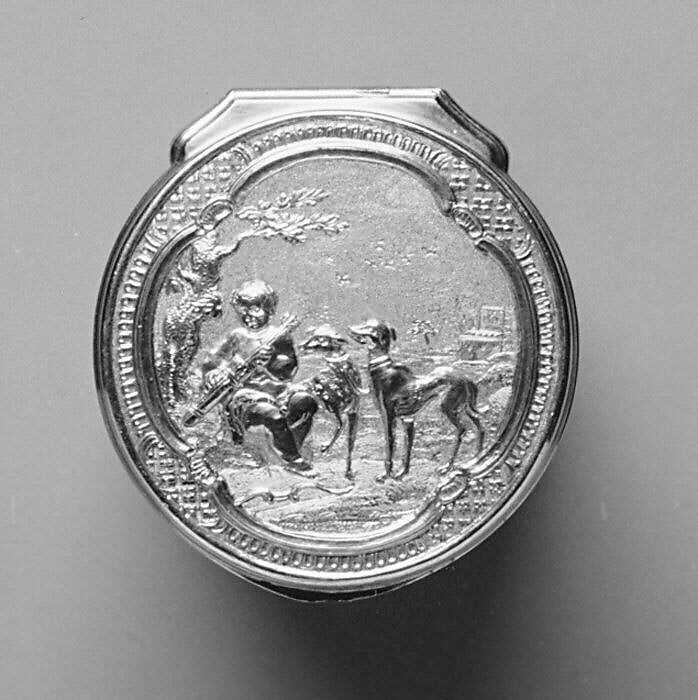 From the Met: "This box held circular gaming pieces known as counters. Its lavish decoration extends not only to the top and bottom but also to the underside of the lid and the inside of the base, ensuring the delight of discovery when the last counter was removed. The rich decoration is enhanced by the superb gold mounts, and the correspondence between the upper mount’s profile and the scale pattern painted below it reflects the care expended on the box’s production." Counter box (bottom). Vienna, ca. 1730–35. Hard-paste porcelain, gold